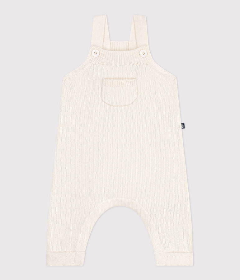 Babies' plain dungarees knitted in wool and cotton white