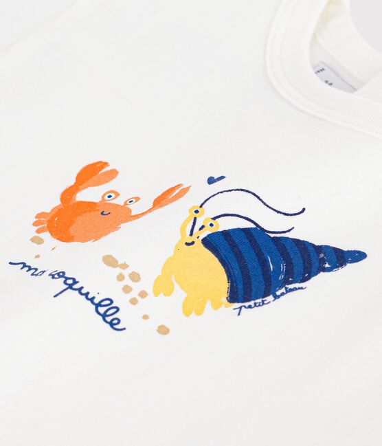 Babies' short-sleeved cotton T-shirt with a seagull motif MARSHMALLOW white