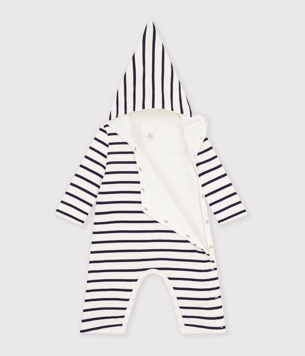Baby's striped hooded all-in-one white/blue