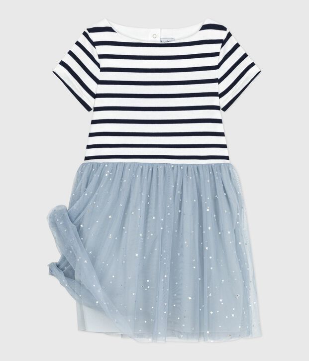Children's short-sleeved stripy cotton dress blue/multicolor