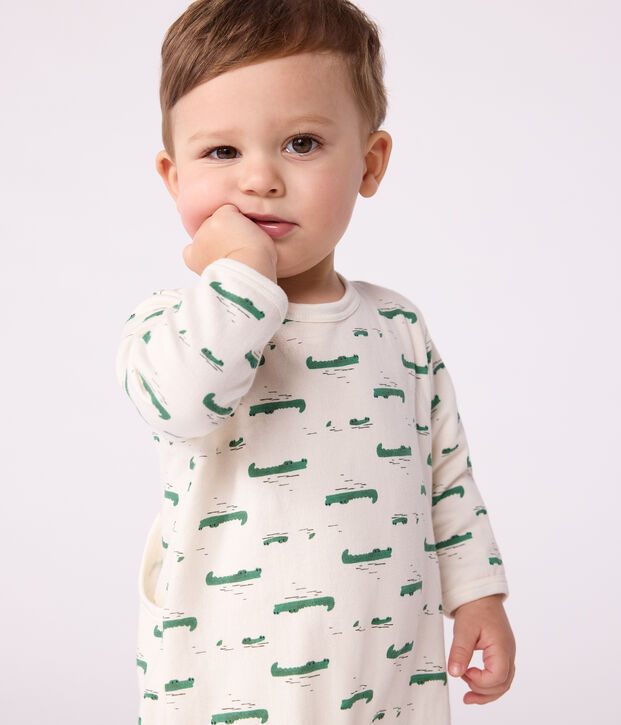 Babies' brushed fleece crocodile-print pyjama suit with a back opening Ecru/multicolor