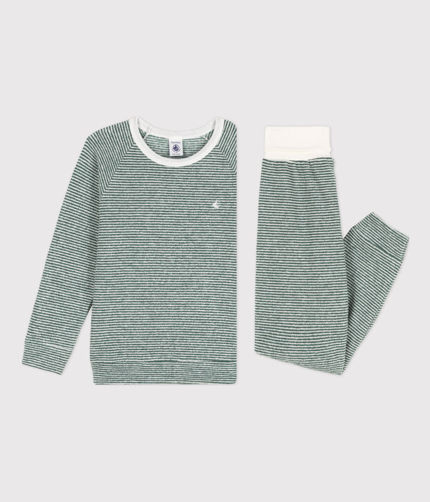 Children's Unisex Pinstriped Cotton Terry Pyjamas green/white