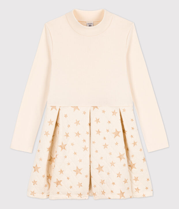 Girls' Long-Sleeved Dual-Material Dress Ecru