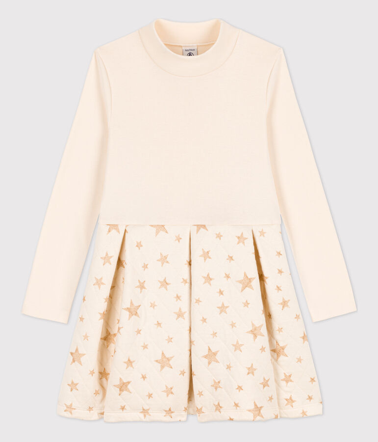 Girls' Long-Sleeved Dual-Material Dress Ecru
