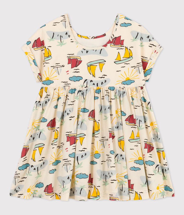 Girls' Short-Sleeved Poplin Dress Ecru/multicolor