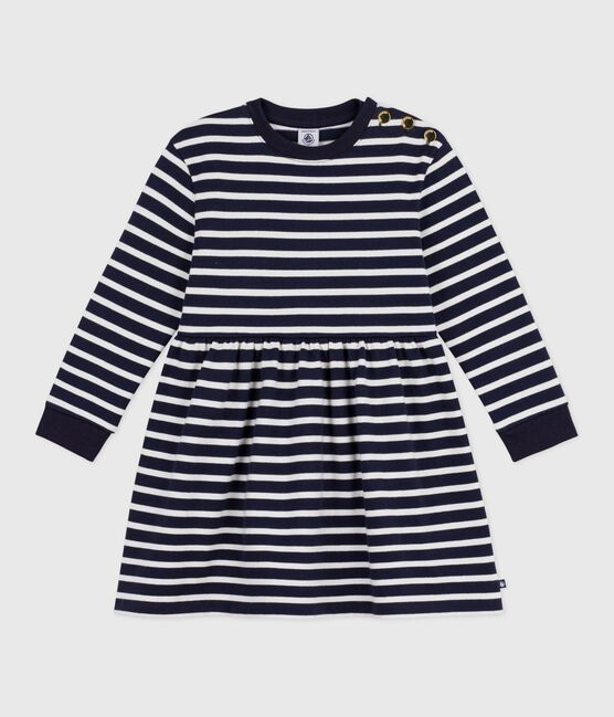 Children's long-sleeved cotton dress SMOKING blue/MARSHMALLOW white