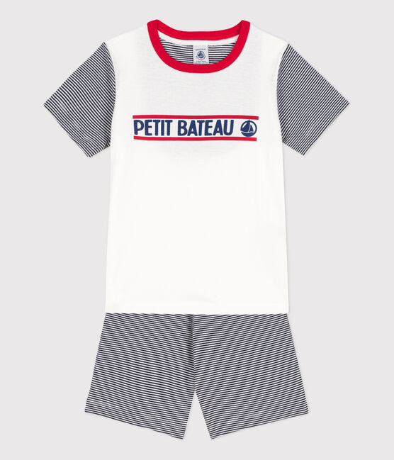 Children's Unisex Petit Bateau Cotton Short Pyjamas SMOKING blue/MARSHMALLOW white