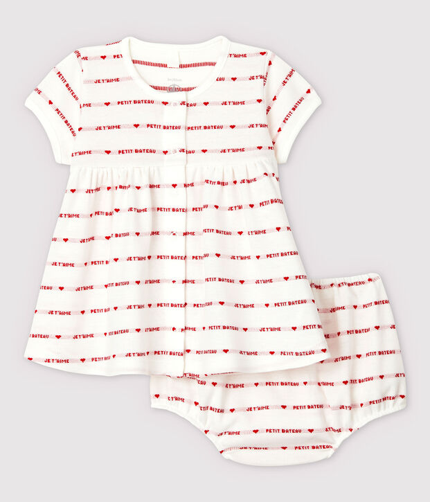 Baby Girls' Short-Sleeved Woven Pattern Organic Cotton Dress with Bloomers white/red