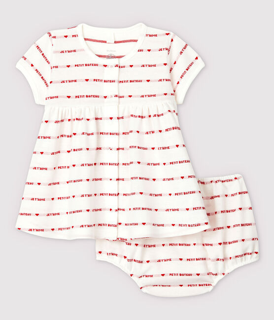 Baby Girls' Short-Sleeved Woven Pattern Organic Cotton Dress with Bloomers MARSHMALLOW white/TERKUIT red