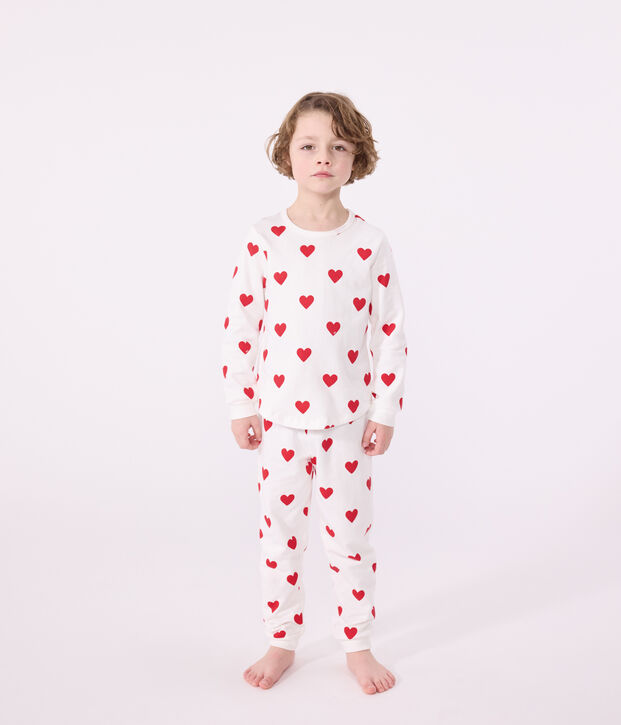 Girls' Heart Print Ribbed Pyjamas white/red