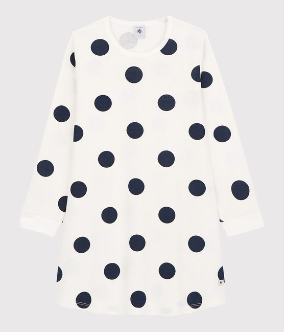 Girls' Dot Pattern Organic Cotton Nightdress MARSHMALLOW white/MEDIEVAL blue