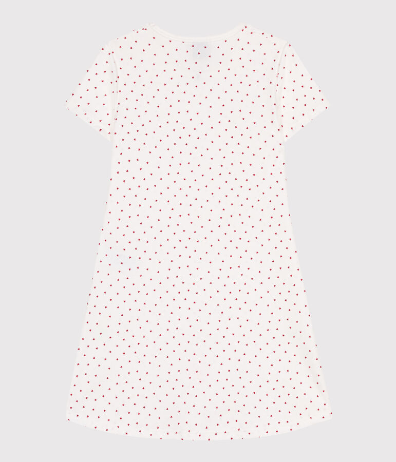Children's short-sleeved heart-patterned cotton nightdress MARSHMALLOW white/TERKUIT red
