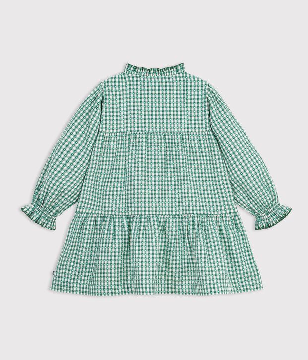 Children's long-sleeved poplin gingham dress green/white
