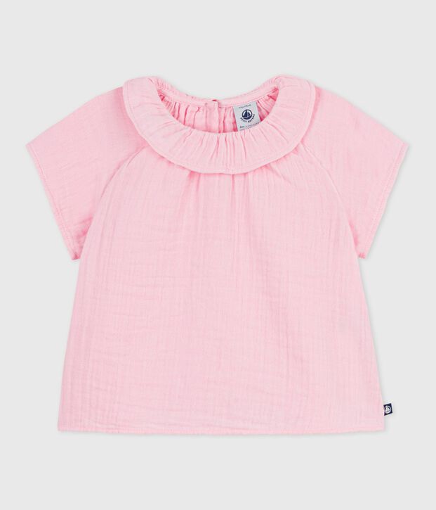 Babies' long-sleeved plain cotton blouse pink