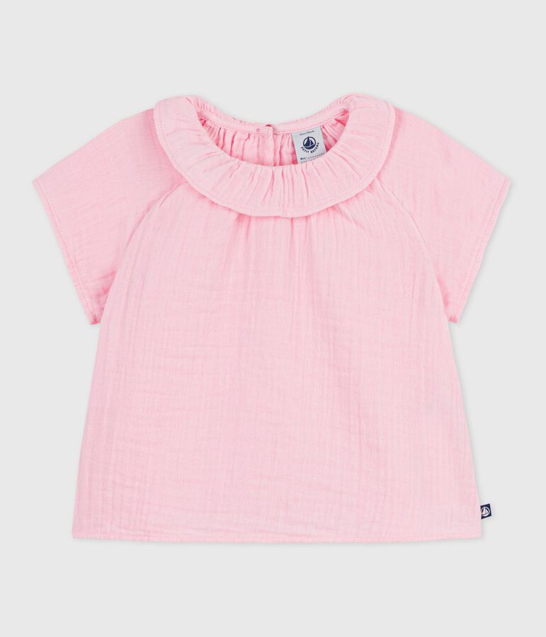 Babies' long-sleeved plain cotton blouse pink