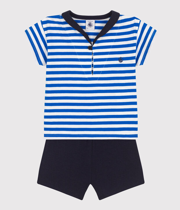 Babies' two-piece cotton set including a T-shirt with a sailor collar blue/blue