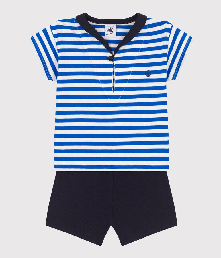 Babies' two-piece cotton set including a T-shirt with a sailor collar blue/blue
