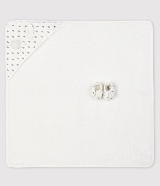 Babies' Square Bath Towel and Bootees Set in Terry and Organic Cotton MARSHMALLOW white/GRIS grey/MULTICO