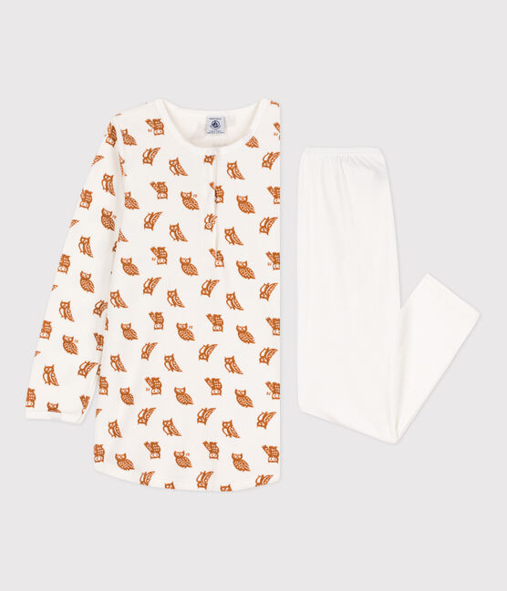 Girls' Owl Themed Velour and Cotton Nightdress with Leggings MARSHMALLOW white/ECUREUIL
