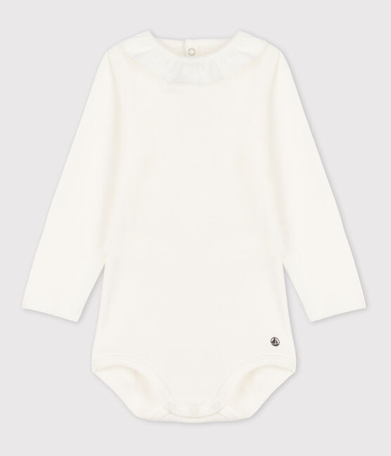 Babies' Long-Sleeved Cotton Bodysuit With Ruff Collar MARSHMALLOW white