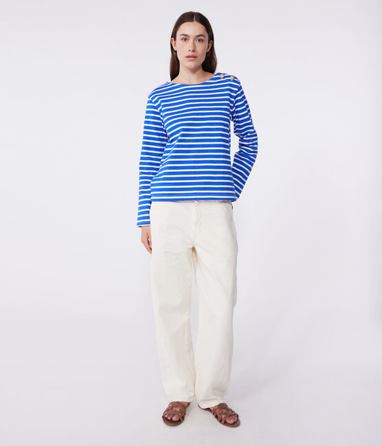 Women's long-sleeved cotton Breton top PERSE blue/MARSHMALLOW white