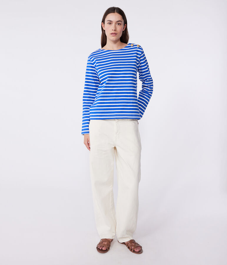 Women's long-sleeved cotton Breton top blue/white