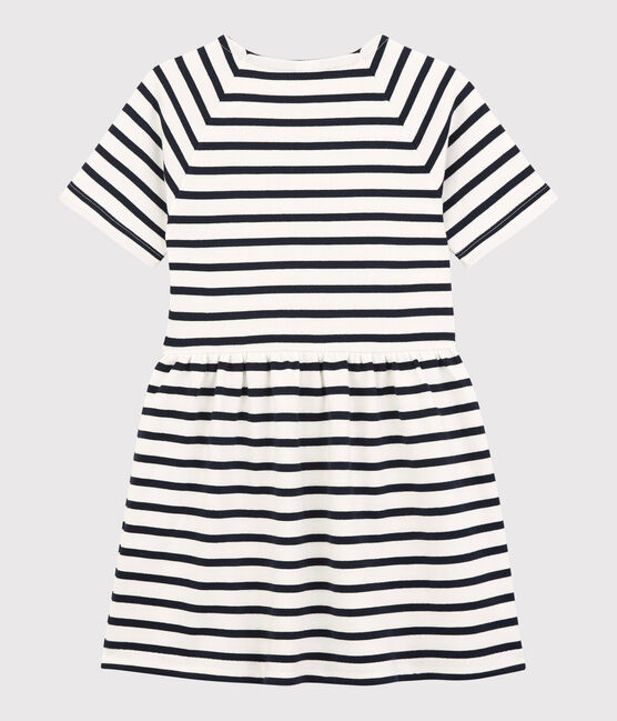 Girls' Short-Sleeved Cotton Dress MARSHMALLOW white/SMOKING blue