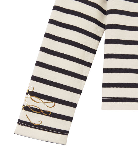 Girl's long-sleeved sailor top in heavyweight jersey MARSHMALLOW white/SMOKING blue