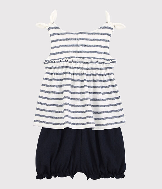 Baby Girls' Cotton and Linen Blend Blouse and Bloomers Ensemble MARSHMALLOW white/MEDIEVAL blue