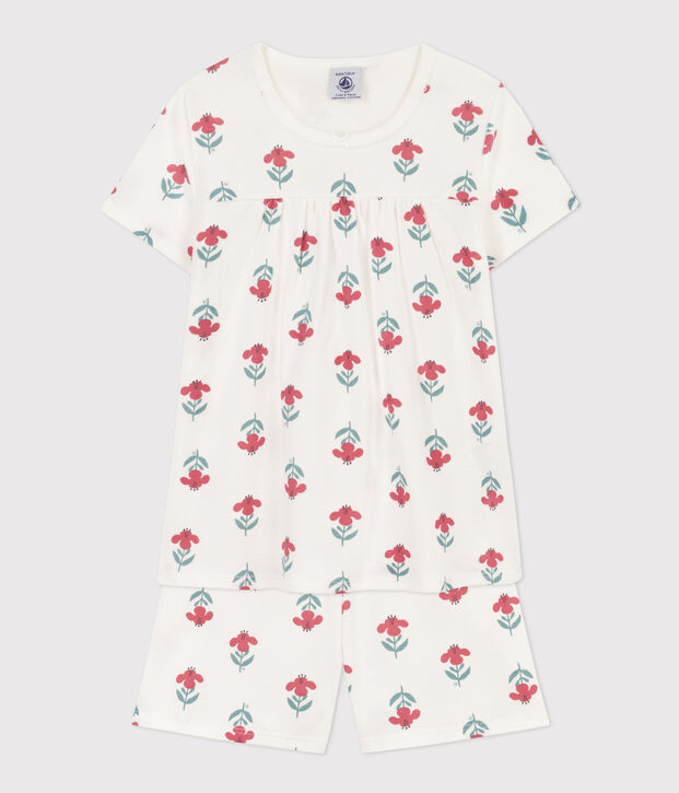 Girls' Floral Cotton Short Pyjamas with Crown white/multicolor