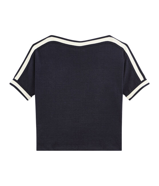 women's short sleeved tee-shirtin shiny linen SMOKING blue