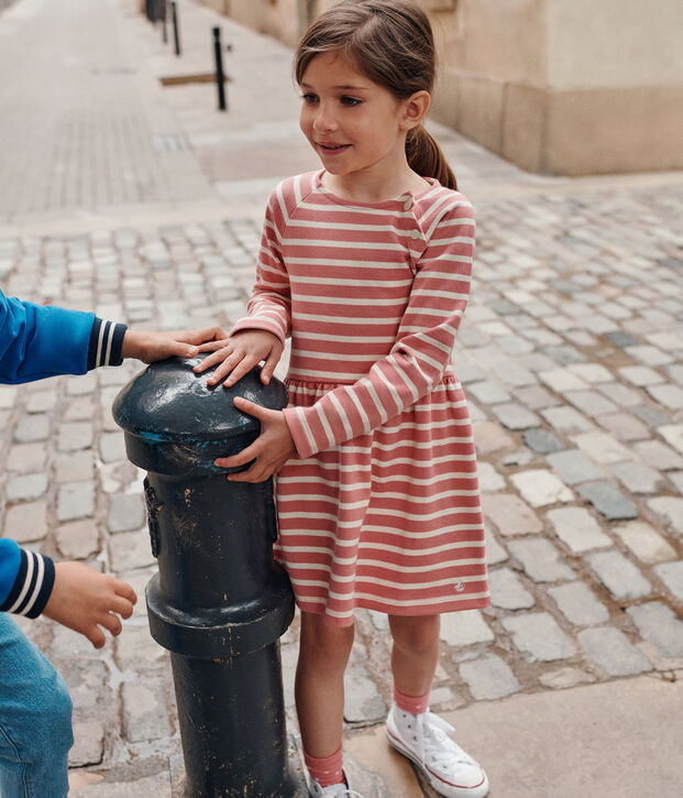 Girls' long-sleeved thick cotton dress pink/ecru
