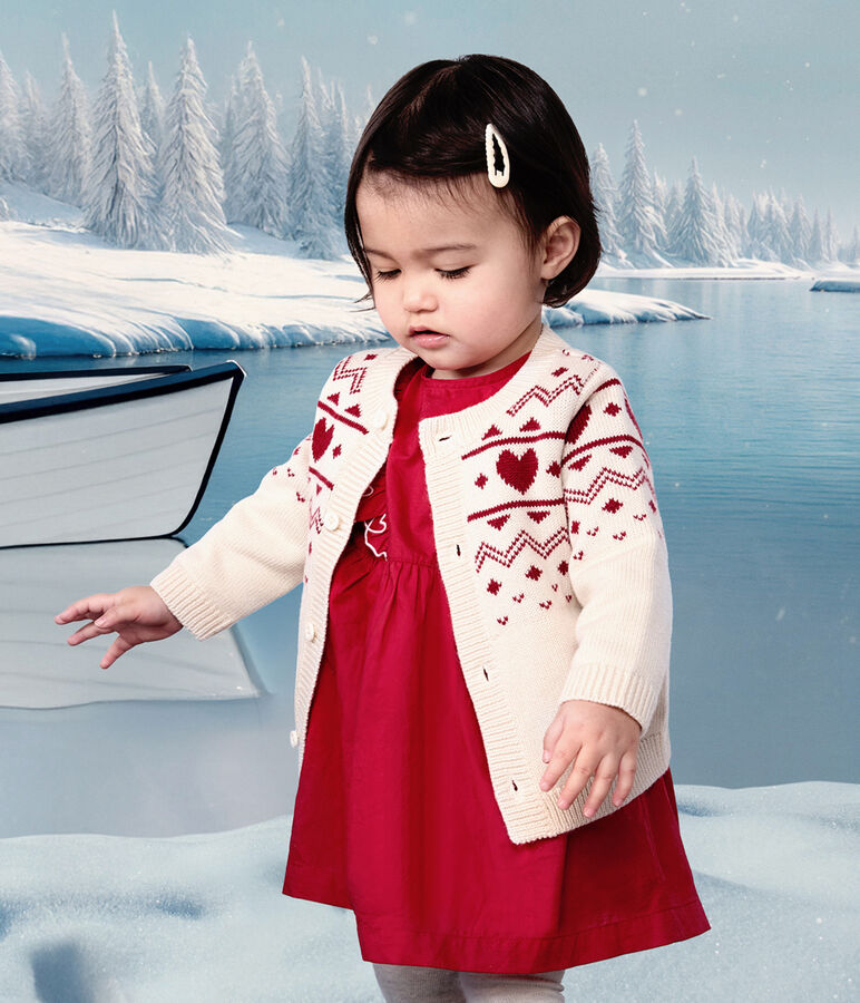 Babies' heart-pattern wool and cotton knit cardigan Ecru/red