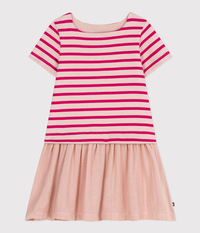 Little Girls' Short-Sleeved Thick Jersey and Cotton Gauze Dress pink/pink