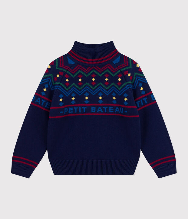 Children's high-necked jumper in patterned wool and cotton blue/multicolor