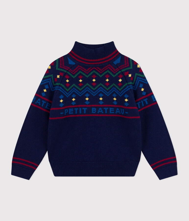 Children's high-necked jumper in patterned wool and cotton blue/multicolor