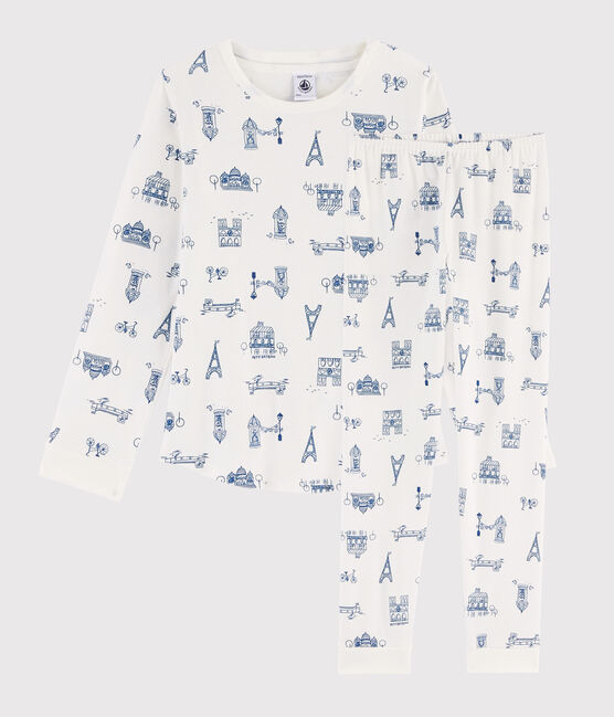 Children's Paris Print Ribbed Pyjamas MARSHMALLOW white/MAJOR blue