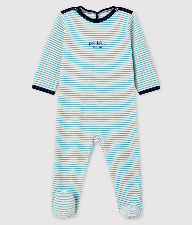 Babies' Striped Velour Sleepsuit white/blue