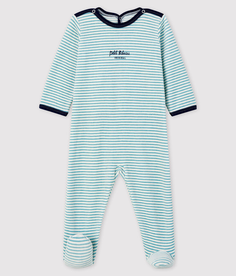 Babies' Striped Velour Sleepsuit white/blue