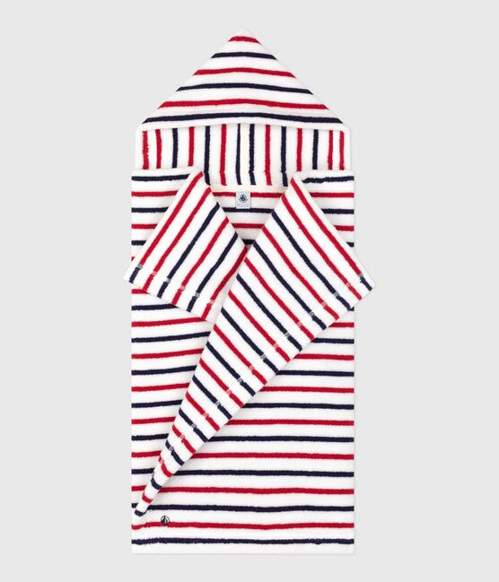 Babies' stripy printed terry towelling bath cape MARSHMALLOW white/MULTICO white
