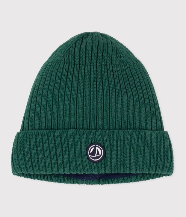 Children's knitted beanie hat lined in polar fleece green
