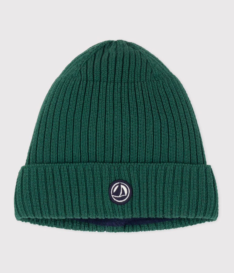 Children's knitted beanie hat lined in polar fleece green