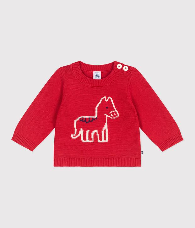 Babies' jumper in a wool and cotton knit with a horse design red/ecru