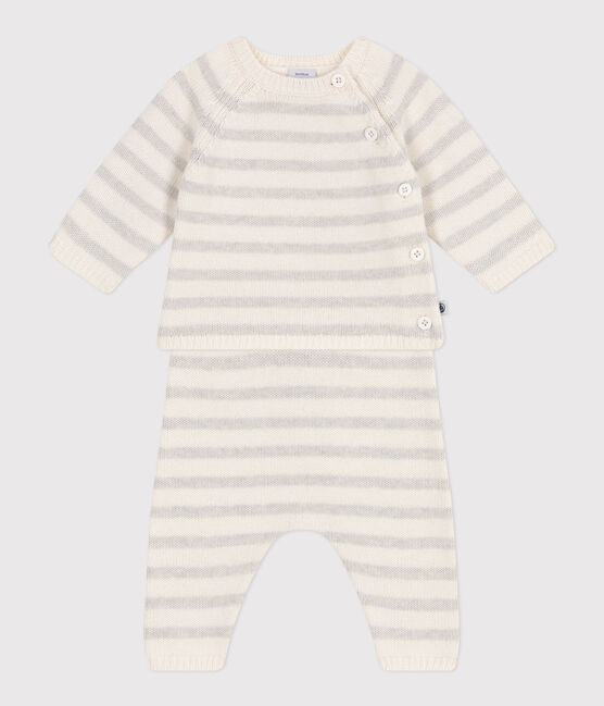 Babies' two-piece set in a wool and cotton knit MARSHMALLOW white/MONTELIMAR