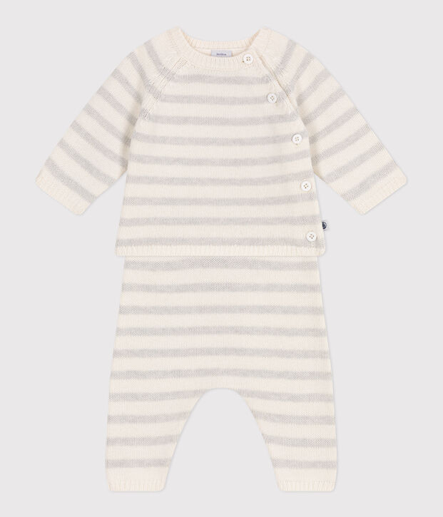 Babies' two-piece set in a wool and cotton knit white/beige