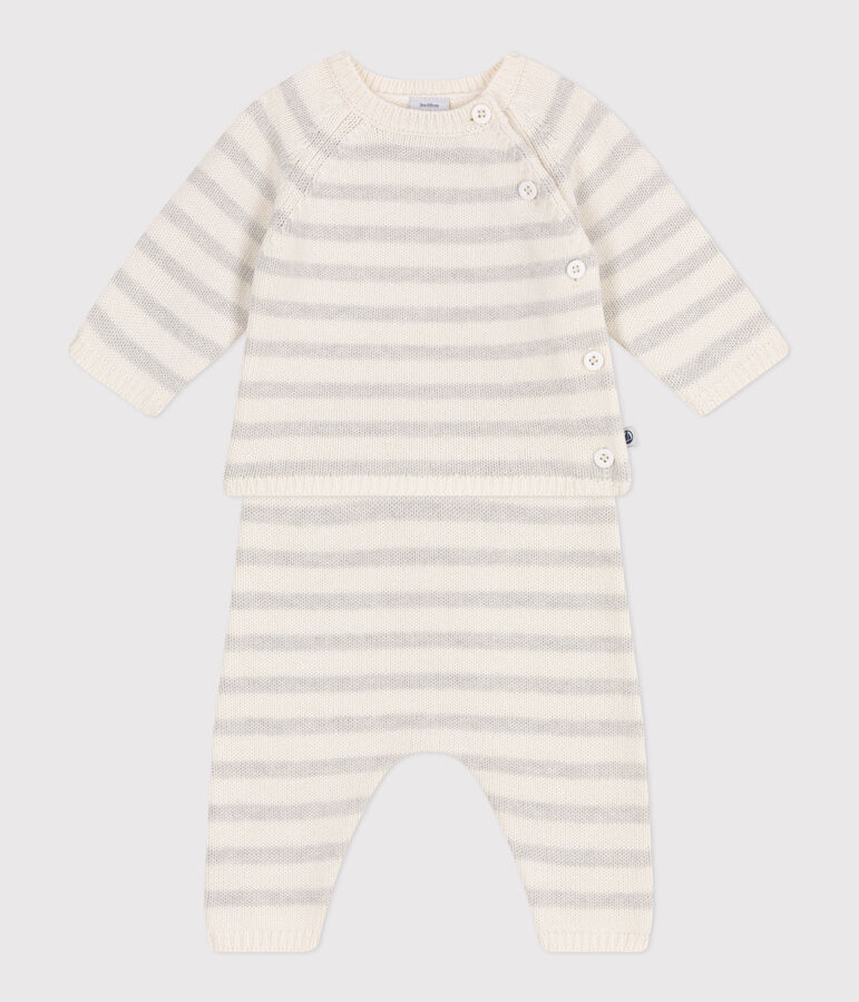 Babies' two-piece set in a wool and cotton knit white/beige