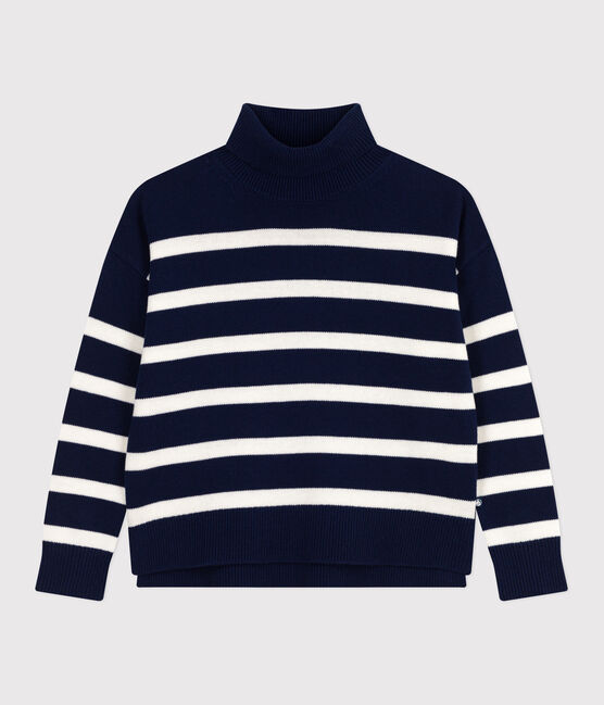 Women's striped wool and cotton jumper with a stand-up collar SOIR blue/MARSHMALLOW
