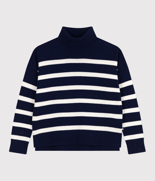Women's striped wool and cotton jumper with a stand-up collar blue/white