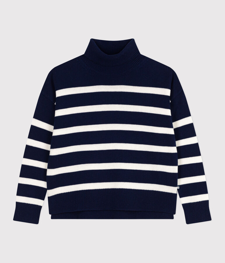 Women's striped wool and cotton jumper with a stand-up collar blue/white