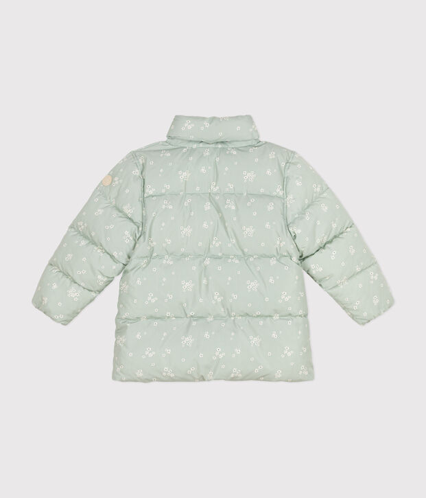 Girls' puffer jacket with a retractable hood green/multicolor